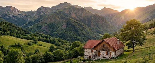 Un gîte en pierre dans les montagnes d'Auvergne au coucher du soleil