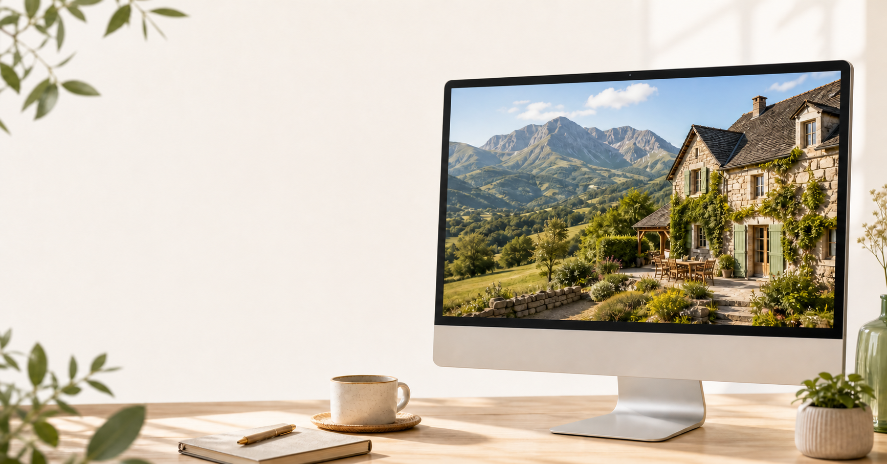 Un espace de travail lumineux avec un paysage et un gîte d'Auvergne affichés sur un écran