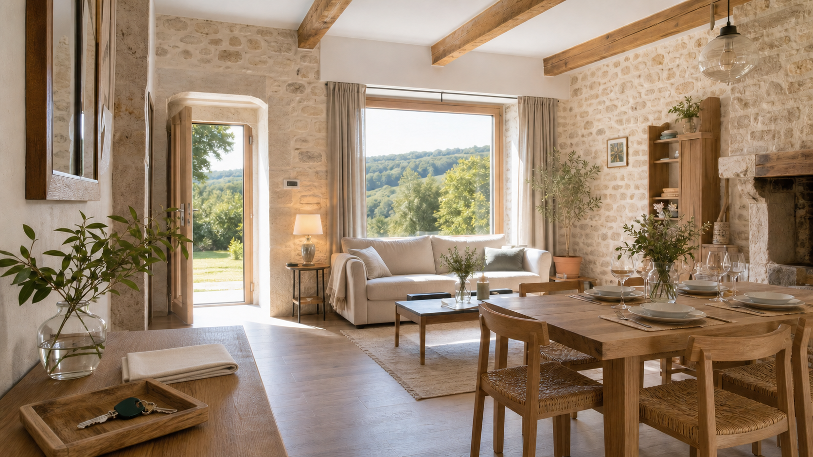 Intérieur lumineux d'un gîte en pierre prêt à accueillir ses voyageurs